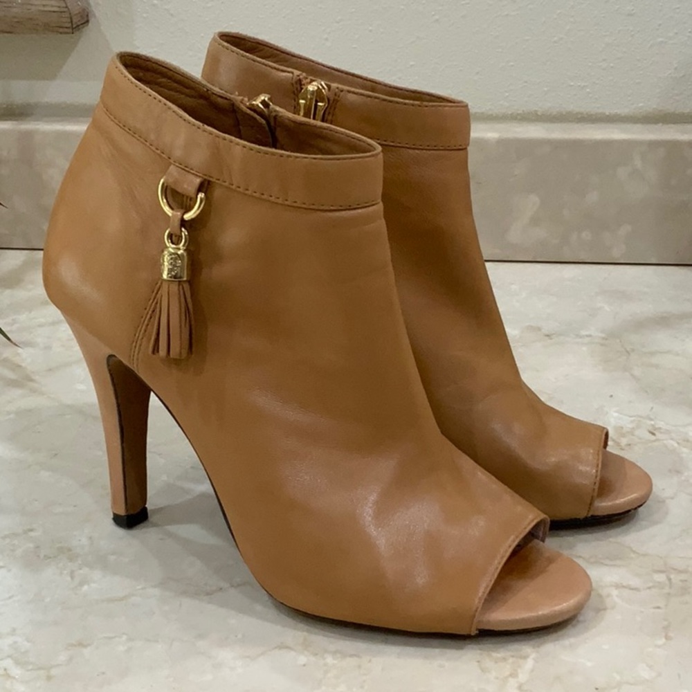 Vince Camuto Tan Leather Peep-Toe Ankle Booties with Tassel